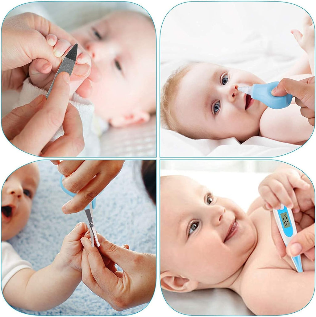 Bennort Baby Healthcare and Grooming Kit Care Keep Healthy and Clean -Infant Toddlers / مجموعة العناية الصحية والعناية بالأطفال 10 في 1 من بينورت فرشاة شعر للأطفال - قصافة أظافر - منظف الأنف - أسنان للإصبع - مقص متعدد الألوان
