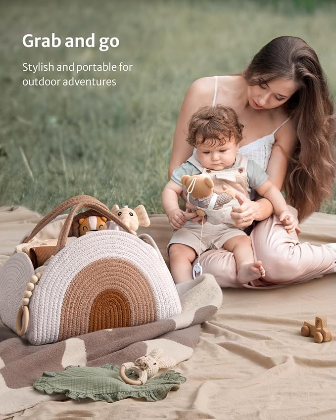 Blissful Diary Baby Diaper Caddy Organizer / منظم حفاضات أطفال من الحبال القطنية بتصميم سلة تخزين كبيرة للأولاد والبنات حديثي الولادة، هدية لقائمة حفلات استقبال المولود، مستلزمات حديثي الولادة، قوس قزح ترابي من بليسفول دايري