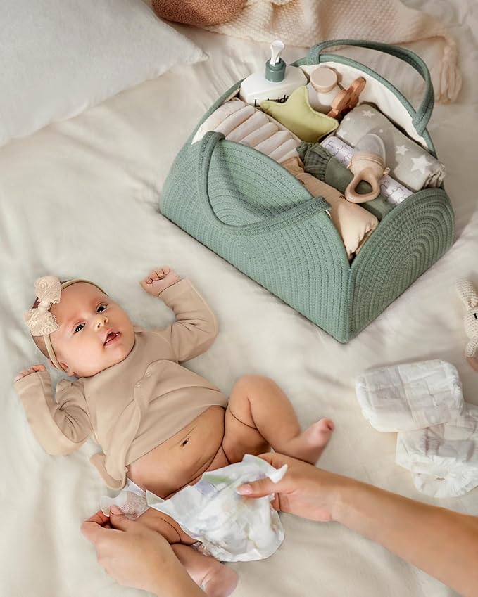 Blissful Diary Baby Diaper Caddy Organizer / منظم حفاضات قطن ولجميع مستلزمات الطفل شنطة كبيرة لحفاضات الأطفال حديثي الولادة للأولاد والبنات هدية رائعة لحفلة المولود الجديد من بليسفول دياري، لون أخضر (Roman Green)