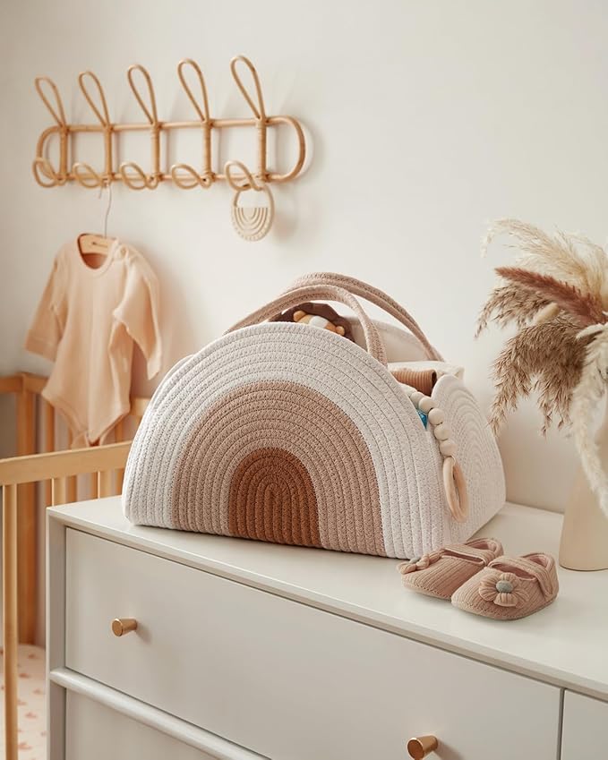 Blissful Diary Baby Diaper Caddy Organizer / منظم حفاضات أطفال من الحبال القطنية بتصميم سلة تخزين كبيرة للأولاد والبنات حديثي الولادة، هدية لقائمة حفلات استقبال المولود، مستلزمات حديثي الولادة، قوس قزح ترابي من بليسفول دايري