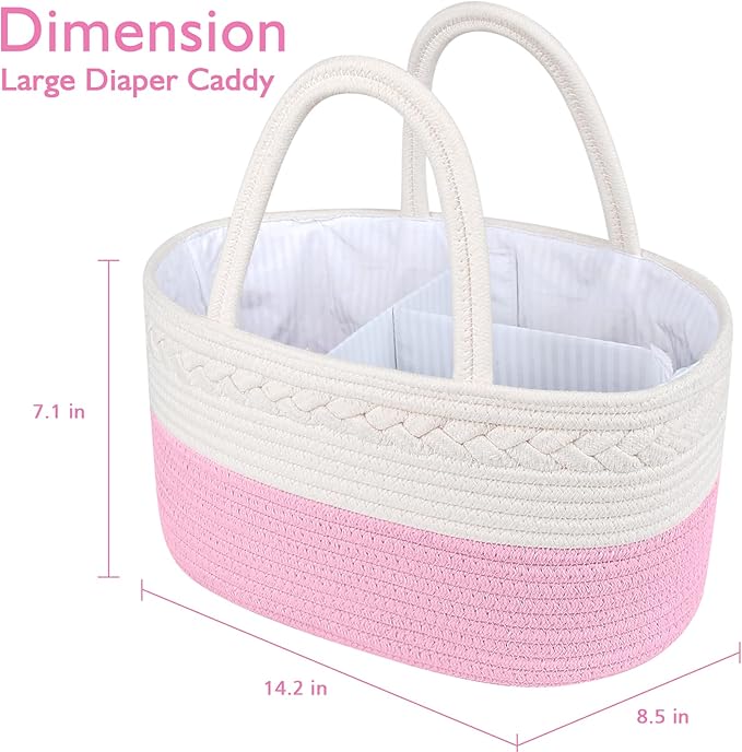 ABenkle Baby Diaper Caddy,  / حامل حفاضات الأطفال، منظم تخزين لغرفة الأطفال ومنظم للسيارة للحفاضات ومناديل الأطفال المبللة، سلة حفاضات من حبال قطنية، حامل طاولة تغيير حفاضات، سلة هدايا للأطفال من ابينكل، لون وردي فاتح