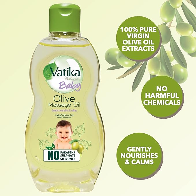 Vatika Naturals Baby Massage Oil (100mL) | Enriched With Olive Extracts | Gentle Nourishment for Baby | Dermatologically Tested and Proven | No Harsh Chemicals / زيت للجسم كامل من فاتيكا ناتشورالز بيبي مُغذي، مناسب لجميع أنواع البشرة، 100 مل
