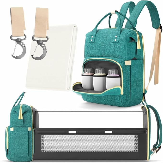 Multifunctional 3 in 1 Diaper Bag with Changing Station | Diaper Bag Backpack with Bassinet | Travel Baby Bed, Green, Large / شنطة حفاضات متعددة الوظائف 3 في 1 مع مسند لتغيير الحفاضات | ظهر للحفاضات سرير اطفال للسفر أخضر من دوتش ون