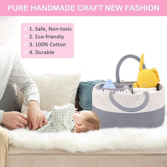 YelaJoy Baby Diaper Caddy,Cotton Rope Diaper Caddy Basket / سلة حفاضات من يلاجوي، بتصميم بسيط، باللون الرمادي، مصنوعة من القطن، متنقلة وقابلة للطي مع فواصل قابلة للإزالة، للسيارة والمنزل