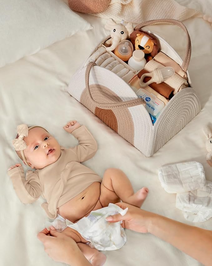 Blissful Diary Baby Diaper Caddy Organizer / منظم حفاضات أطفال من الحبال القطنية بتصميم سلة تخزين كبيرة للأولاد والبنات حديثي الولادة، هدية لقائمة حفلات استقبال المولود، مستلزمات حديثي الولادة، قوس قزح ترابي من بليسفول دايري