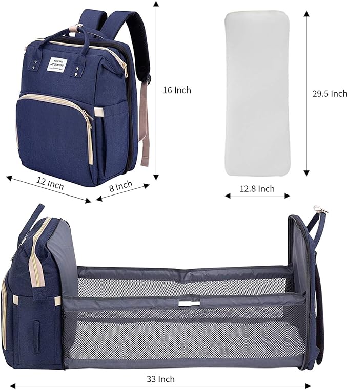 Baby Diaper Bag Backpack for Travel -  (Navy) / شنطة ظهر لحفاضات الأطفال للسفر من ايتونسين - شنطة حفاضات محمولة ببطانة للتغيير وأحزمة لعربة الأطفال، وسرير سفر قابل للطي، وشنطة يد كبيرة توت مقاومة للماء لحديثي الولادة (كحلي)