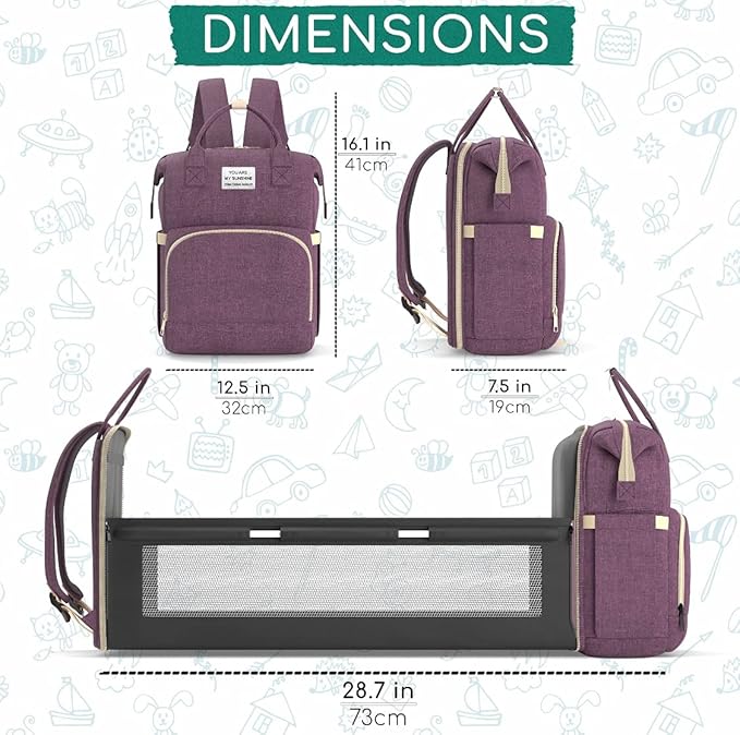 Multifunctional 3 in 1 Diaper Bag with Changing Station | Diaper Bag Backpack with Bassinet | Travel Baby Bed, Purple, / شنطة حفاضات متعددة الوظائف 3 في 1 مع مسند لتغيير الحفاضات ظهر للحفاضات سرير اطفال للسفر أرجواني من دوتش ون