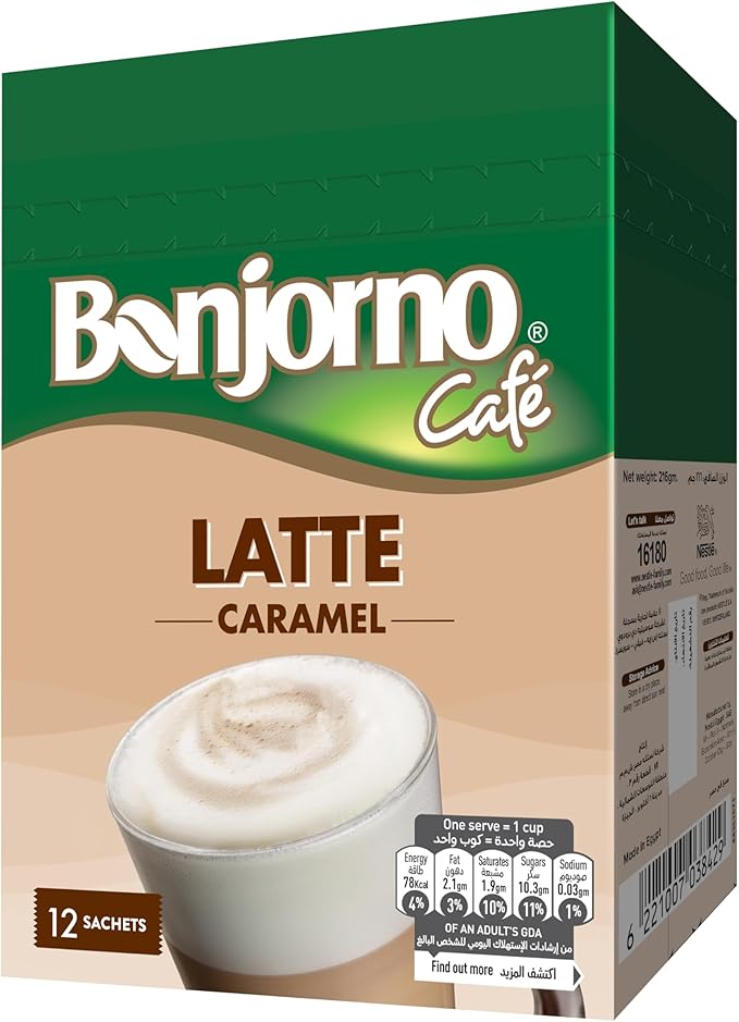 Bonjorno Latte Caramel 18g- 12 sachet / كابتشينو بونجورنو سريع التحضير بطعم الكاراميل-216 غم، مسحوق، عدد 12، كيس