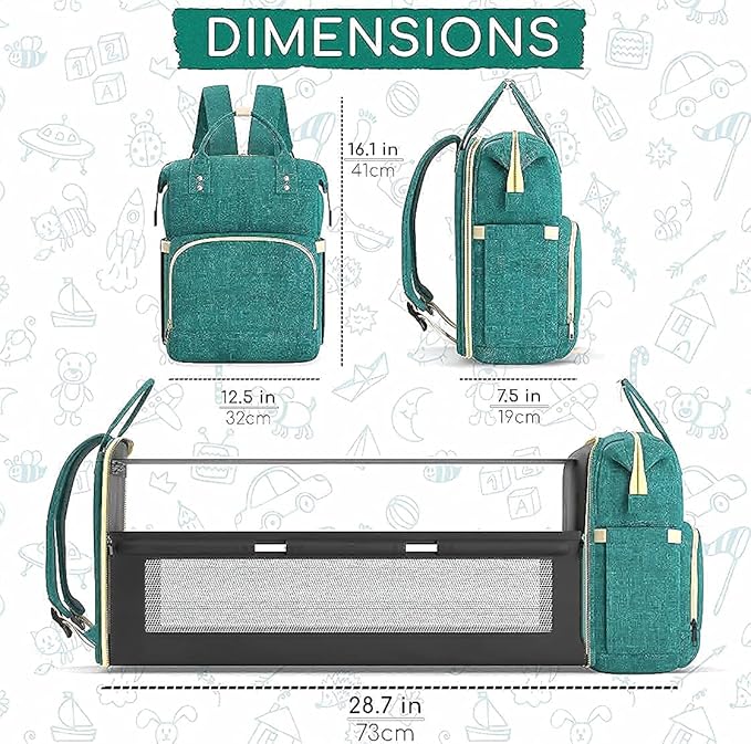 Multifunctional 3 in 1 Diaper Bag with Changing Station | Diaper Bag Backpack with Bassinet | Travel Baby Bed, Green, Large / شنطة حفاضات متعددة الوظائف 3 في 1 مع مسند لتغيير الحفاضات | ظهر للحفاضات سرير اطفال للسفر أخضر من دوتش ون