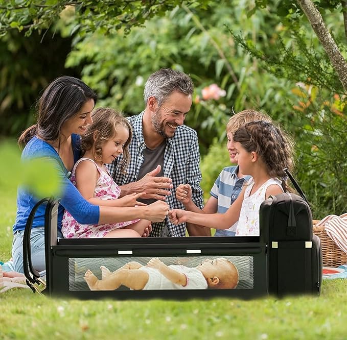 Multifunctional 3 in 1 Diaper Bag with Changing Station Black, / شنطة حفاضات متعددة الوظائف 3 في 1 مع مسند لتغيير الحفاضات، شنطة ظهر للحفاضات وسرير أطفال للسفر