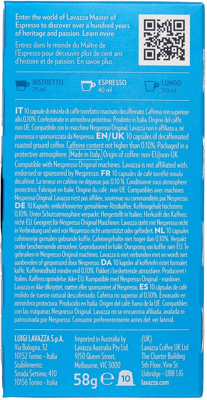 Lavazza Dek Decafinato Compatible Capsules With Nespresso 10 Capsules Blue / كبسولات متوافقة مع نسبريسو 10 زرقاء من لافازا ديك ديكافيناتو