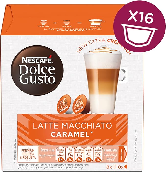 Nescafe Dolce Gusto Caramel Latte Macchiato Coffee Capsules - 16 Capsules, 8 Cups / قهوة من نسكافيه دولتشي جوستو بالكابسول في علبة لماكينة تحضير القهوة بتحميص خفيف، كارميل لاتيه ماكياتو، 16 كبسولة