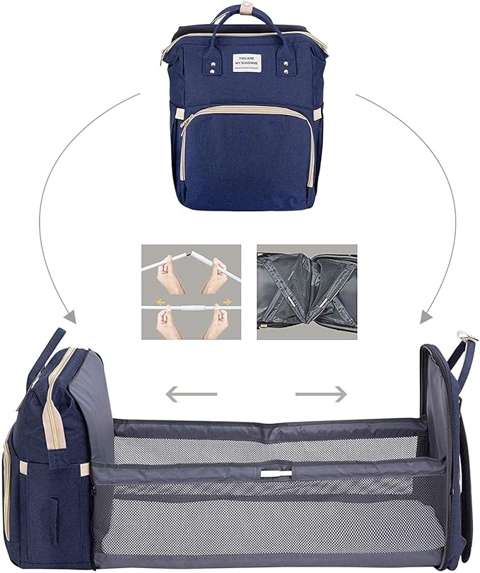 Baby Diaper Bag Backpack for Travel -  (Navy) / شنطة ظهر لحفاضات الأطفال للسفر من ايتونسين - شنطة حفاضات محمولة ببطانة للتغيير وأحزمة لعربة الأطفال، وسرير سفر قابل للطي، وشنطة يد كبيرة توت مقاومة للماء لحديثي الولادة (كحلي)