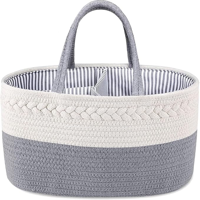 YelaJoy Baby Diaper Caddy,Cotton Rope Diaper Caddy Basket / سلة حفاضات من يلاجوي، بتصميم بسيط، باللون الرمادي، مصنوعة من القطن، متنقلة وقابلة للطي مع فواصل قابلة للإزالة، للسيارة والمنزل