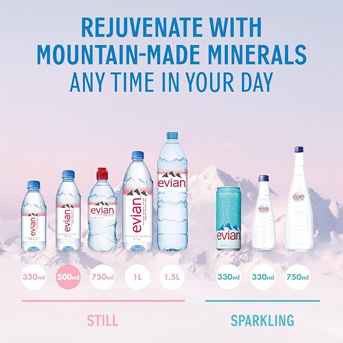 Evian Mineral Water, Naturally Filtered Drinking Water, 50cL Bottled Water Crafted by Nature, Case of 24 x 50 cL Evian Water Bottles / زجاجة مياه معدنية 500 مل من افيان