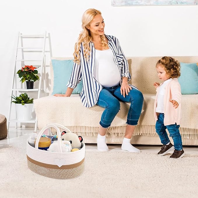 Rustic Brown Diaper Caddy Organizer, / منظم حفاضات من 3 أقسام من الحبال القطنية لمستلزمات الأطفال، لحديثي الولادة وعمر الحضانة من اندهووم، بني ريفي