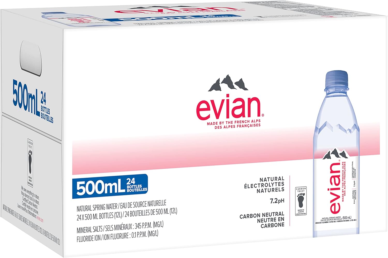 evian natural spring water, 500mL Bottles, 24 Pack / مياه الينابيع الطبيعية من ايفيان، زجاجات 500 مل، 24 عبوة