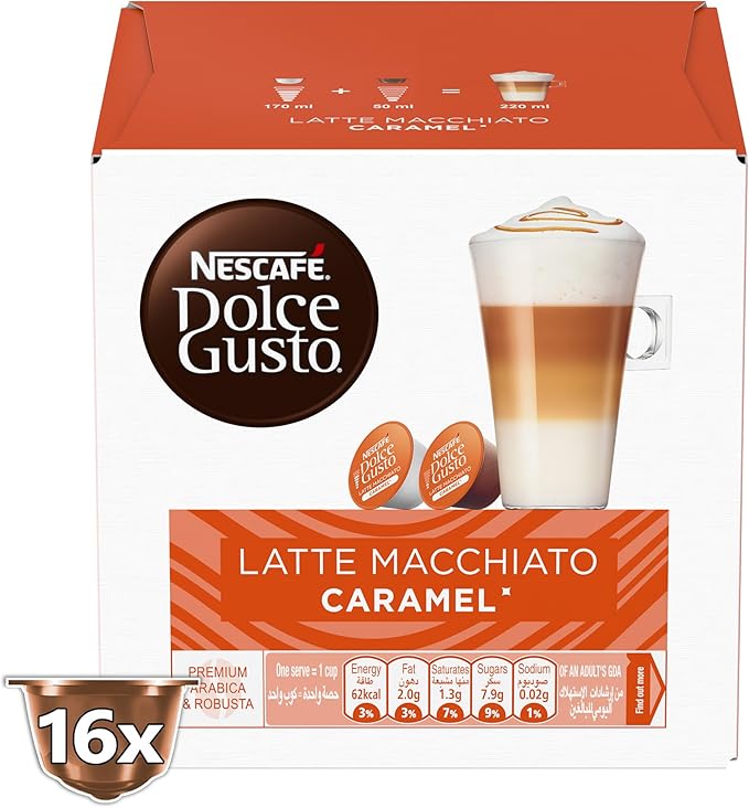 Nescafe Dolce Gusto Caramel Latte Macchiato Coffee Capsules - 16 Capsules, 8 Cups / قهوة من نسكافيه دولتشي جوستو بالكابسول في علبة لماكينة تحضير القهوة بتحميص خفيف، كارميل لاتيه ماكياتو، 16 كبسولة
