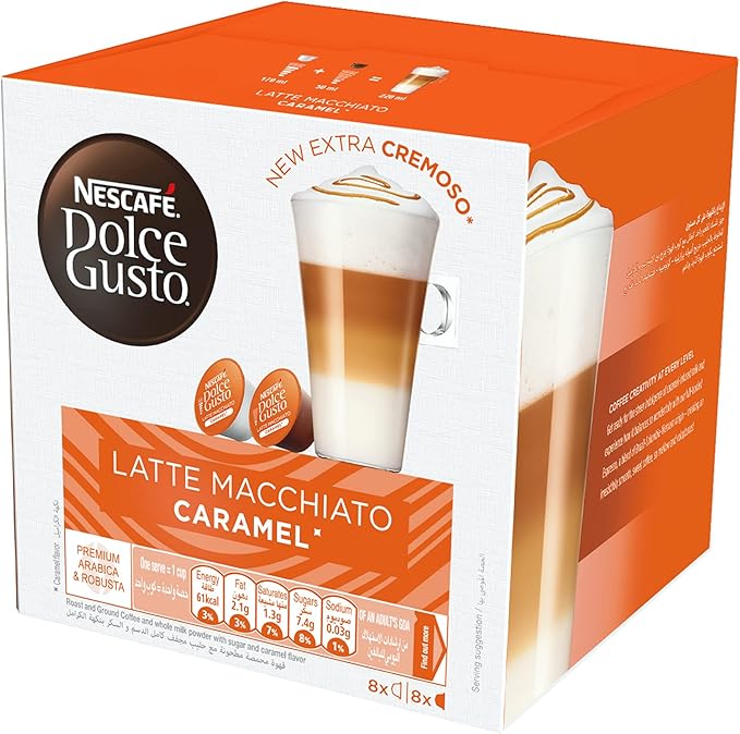 Nescafe Dolce Gusto Caramel Latte Macchiato Coffee Capsules - 16 Capsules, 8 Cups / قهوة من نسكافيه دولتشي جوستو بالكابسول في علبة لماكينة تحضير القهوة بتحميص خفيف، كارميل لاتيه ماكياتو، 16 كبسولة