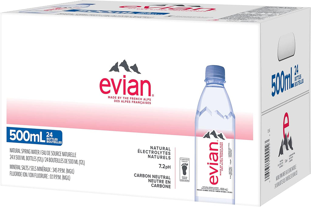 evian natural spring water, 500mL Bottles, 24 Pack / مياه الينابيع الطبيعية من ايفيان، زجاجات 500 مل، 24 عبوة