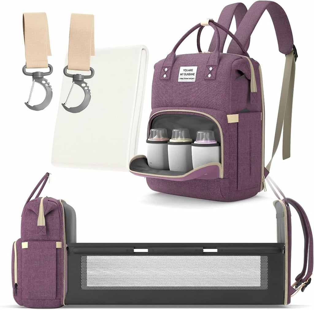 Multifunctional 3 in 1 Diaper Bag with Changing Station | Diaper Bag Backpack with Bassinet | Travel Baby Bed, Purple, / شنطة حفاضات متعددة الوظائف 3 في 1 مع مسند لتغيير الحفاضات ظهر للحفاضات سرير اطفال للسفر أرجواني من دوتش ون