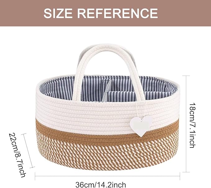 Rustic Brown Diaper Caddy Organizer, / منظم حفاضات من 3 أقسام من الحبال القطنية لمستلزمات الأطفال، لحديثي الولادة وعمر الحضانة من اندهووم، بني ريفي