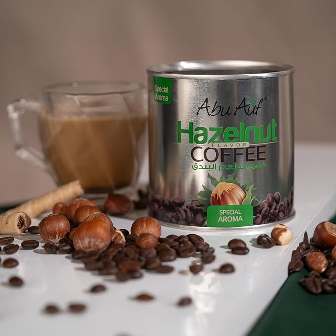 ابو عوف قهوة بالبندق - 200 غرام، أجود حبوب القهوة، تحميص متوسط، زبدة كريمية وبندق وشوكولاتة، قهوة سريعة التحضير برائحة خاصة