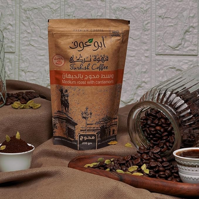 Abu auf Turkish Coffee medium Roast with cardamom 200gm / قهوة تركيية متوسطة التحميص بالحبهان من ابو عوف، 200 جرام، أرض، جعبة