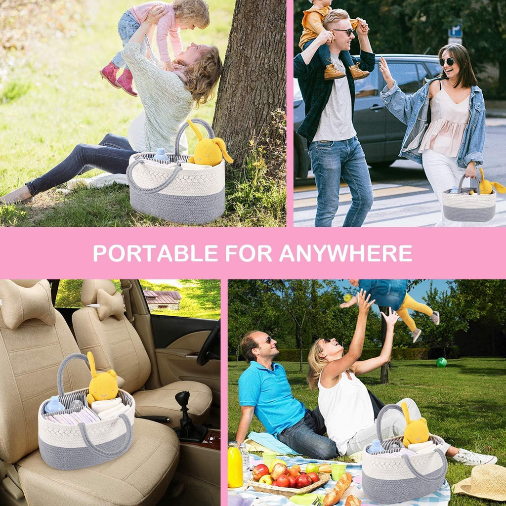 YelaJoy Baby Diaper Caddy,Cotton Rope Diaper Caddy Basket / سلة حفاضات من يلاجوي، بتصميم بسيط، باللون الرمادي، مصنوعة من القطن، متنقلة وقابلة للطي مع فواصل قابلة للإزالة، للسيارة والمنزل