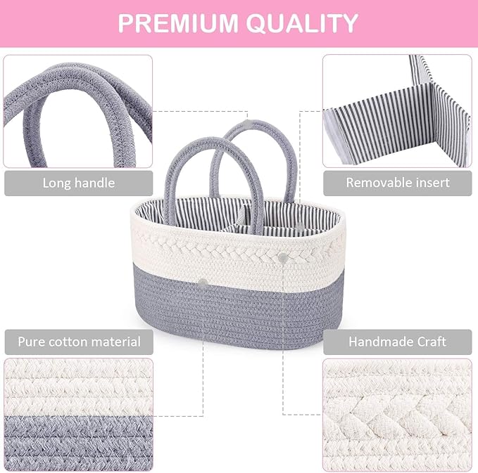 YelaJoy Baby Diaper Caddy,Cotton Rope Diaper Caddy Basket / سلة حفاضات من يلاجوي، بتصميم بسيط، باللون الرمادي، مصنوعة من القطن، متنقلة وقابلة للطي مع فواصل قابلة للإزالة، للسيارة والمنزل