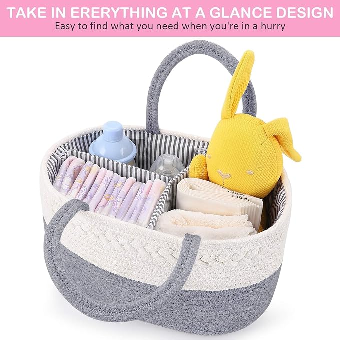 YelaJoy Baby Diaper Caddy,Cotton Rope Diaper Caddy Basket / سلة حفاضات من يلاجوي، بتصميم بسيط، باللون الرمادي، مصنوعة من القطن، متنقلة وقابلة للطي مع فواصل قابلة للإزالة، للسيارة والمنزل