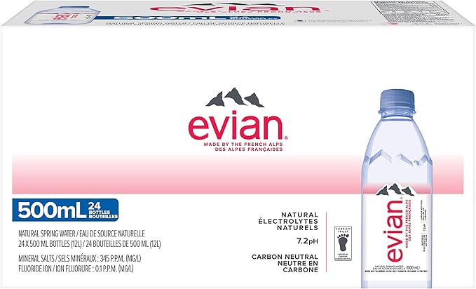 evian natural spring water, 500mL Bottles, 24 Pack / مياه الينابيع الطبيعية من ايفيان، زجاجات 500 مل، 24 عبوة