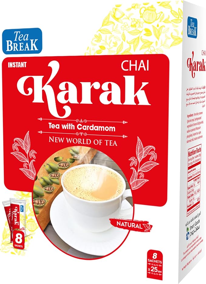 Misr Café Instant Karak Chai Tea with Creamer, Sugar and cardomom, 8 x 25g sachets / شاي كرك من مصر كافيه، 25 جم