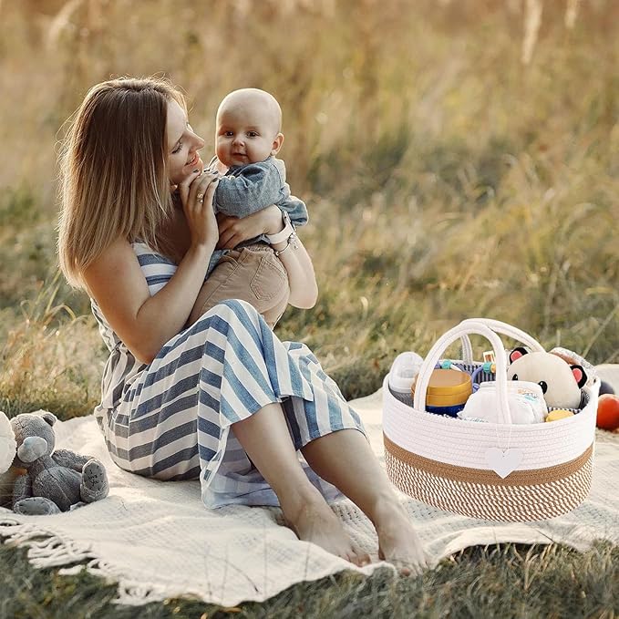 Rustic Brown Diaper Caddy Organizer, / منظم حفاضات من 3 أقسام من الحبال القطنية لمستلزمات الأطفال، لحديثي الولادة وعمر الحضانة من اندهووم، بني ريفي