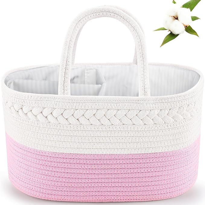 ABenkle Baby Diaper Caddy,  / حامل حفاضات الأطفال، منظم تخزين لغرفة الأطفال ومنظم للسيارة للحفاضات ومناديل الأطفال المبللة، سلة حفاضات من حبال قطنية، حامل طاولة تغيير حفاضات، سلة هدايا للأطفال من ابينكل، لون وردي فاتح