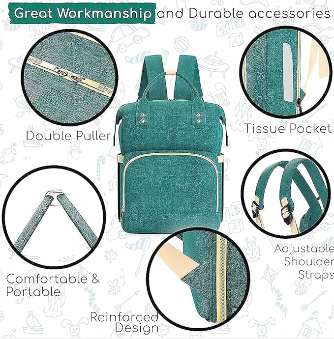 Multifunctional 3 in 1 Diaper Bag with Changing Station | Diaper Bag Backpack with Bassinet | Travel Baby Bed, Green, Large / شنطة حفاضات متعددة الوظائف 3 في 1 مع مسند لتغيير الحفاضات | ظهر للحفاضات سرير اطفال للسفر أخضر من دوتش ون