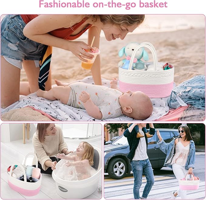 ABenkle Baby Diaper Caddy,  / حامل حفاضات الأطفال، منظم تخزين لغرفة الأطفال ومنظم للسيارة للحفاضات ومناديل الأطفال المبللة، سلة حفاضات من حبال قطنية، حامل طاولة تغيير حفاضات، سلة هدايا للأطفال من ابينكل، لون وردي فاتح
