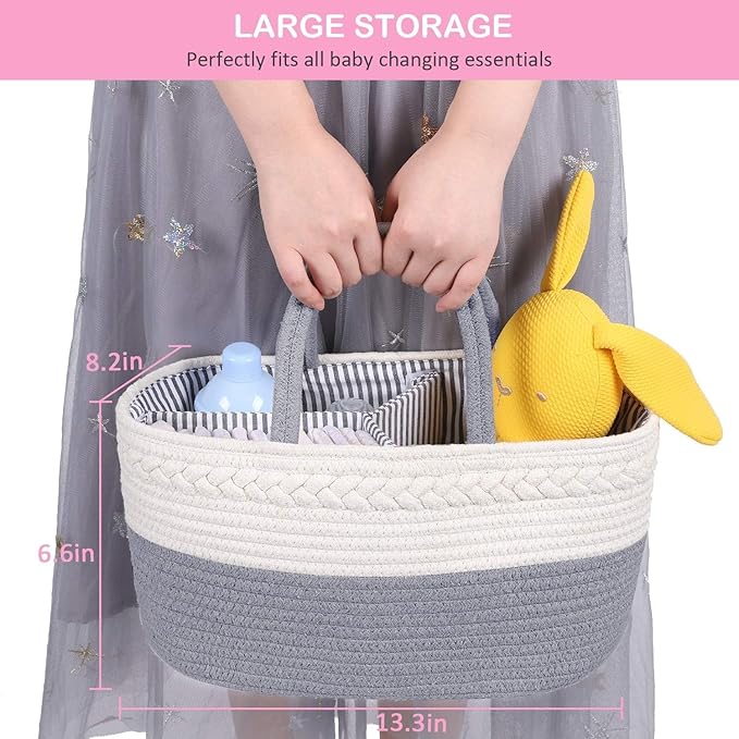 YelaJoy Baby Diaper Caddy,Cotton Rope Diaper Caddy Basket / سلة حفاضات من يلاجوي، بتصميم بسيط، باللون الرمادي، مصنوعة من القطن، متنقلة وقابلة للطي مع فواصل قابلة للإزالة، للسيارة والمنزل