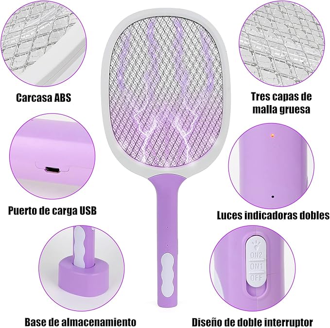 مضرب كهربائي صاعق وطارد للحشرات والبعوض 3 في 1، قاتل حشرات قابل لاعادة الشحن عن طريق USB، مضرب محمول للمطبخ والمنزل والحديقة والخارج من لينيو