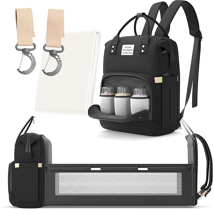 Multifunctional 3 in 1 Diaper Bag with Changing Station Black, / شنطة حفاضات متعددة الوظائف 3 في 1 مع مسند لتغيير الحفاضات، شنطة ظهر للحفاضات وسرير أطفال للسفر